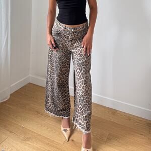 Vintage European Cheetah-Print Wide-Leg Jeans with Raw Hem (S)